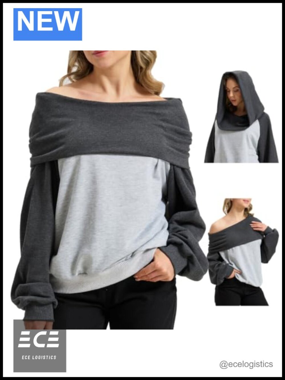 2-in-1 Convertible Off Shoulder Hoodie Slant Sweatshirt Long Sleeve Pullover